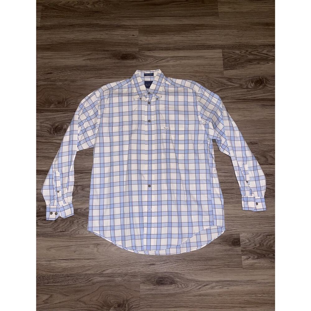 Faconnable Shirt Mens Medium Blue White Plaid Button Down Long Sleeve Made USA